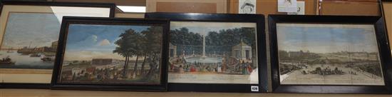 Six assorted 18th century engravings, Views of Rome, Paris and Venice, largest 26 x 41cm